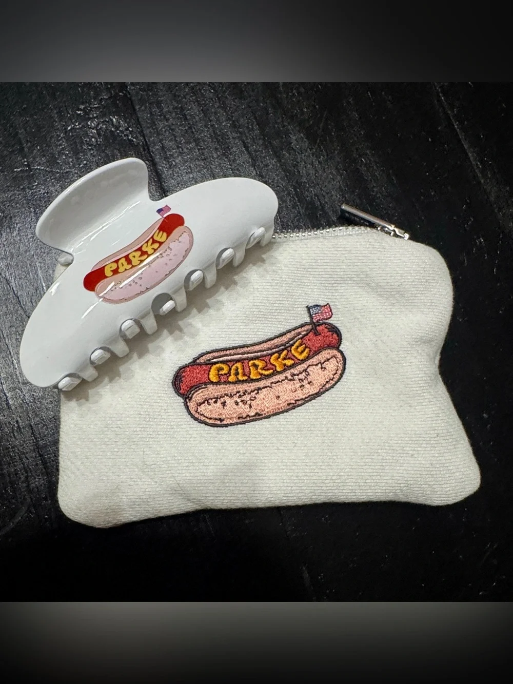 Parke Hotdog Claw Clip, Embroidered Pouch & Scrunchie Set